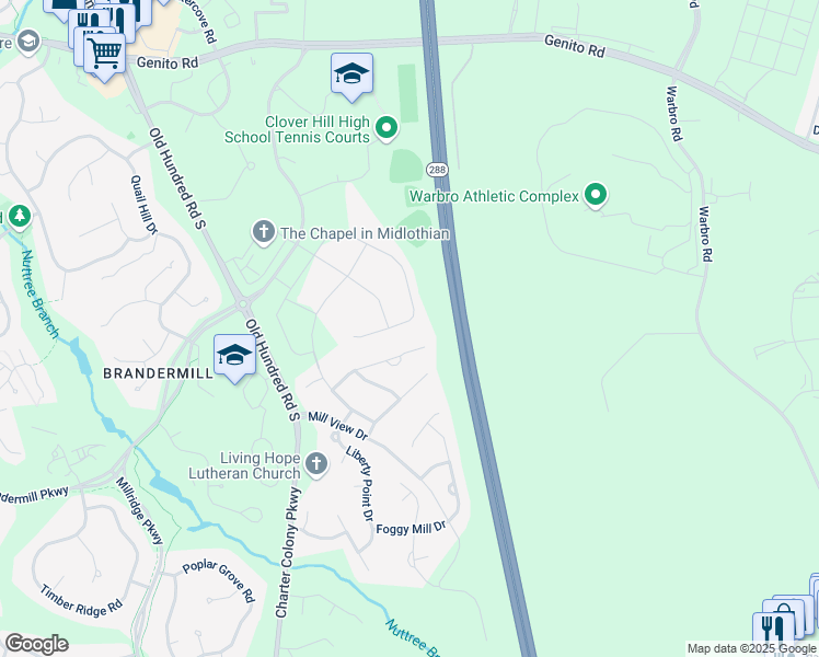 map of restaurants, bars, coffee shops, grocery stores, and more near 12724 Forest Mill Drive in Midlothian
