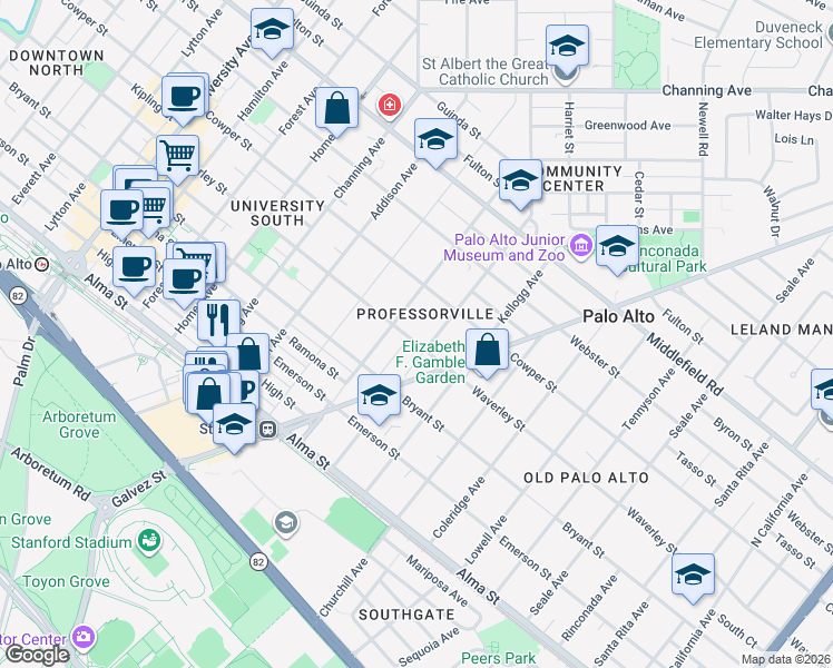 map of restaurants, bars, coffee shops, grocery stores, and more near 1245 Waverley Street in Palo Alto