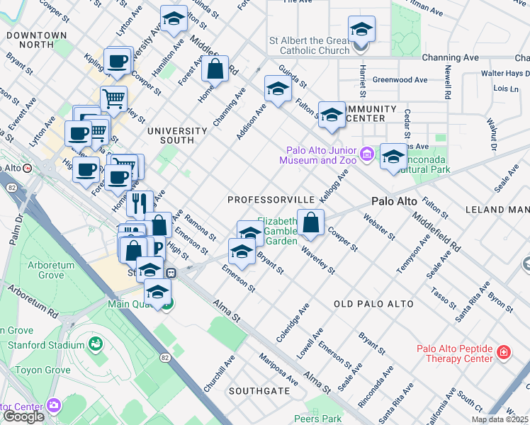 map of restaurants, bars, coffee shops, grocery stores, and more near 1245 Waverley Street in Palo Alto