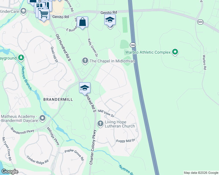 map of restaurants, bars, coffee shops, grocery stores, and more near 12760 Forest Mill Drive in Midlothian