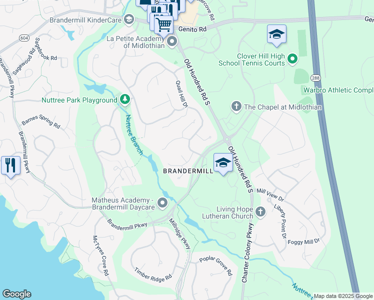map of restaurants, bars, coffee shops, grocery stores, and more near 3506 Quail Hill Drive in Midlothian