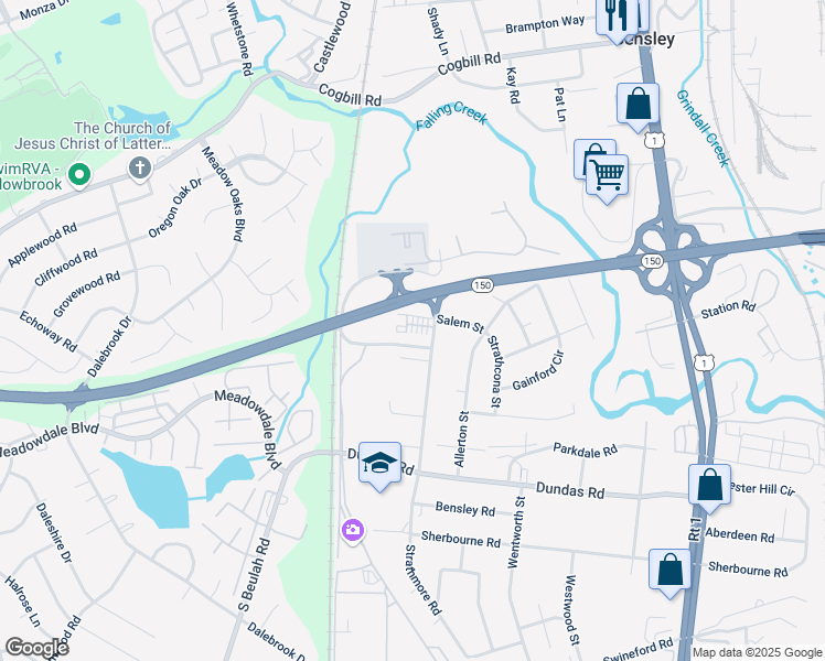 map of restaurants, bars, coffee shops, grocery stores, and more near 6110 Strathmore Road in Richmond