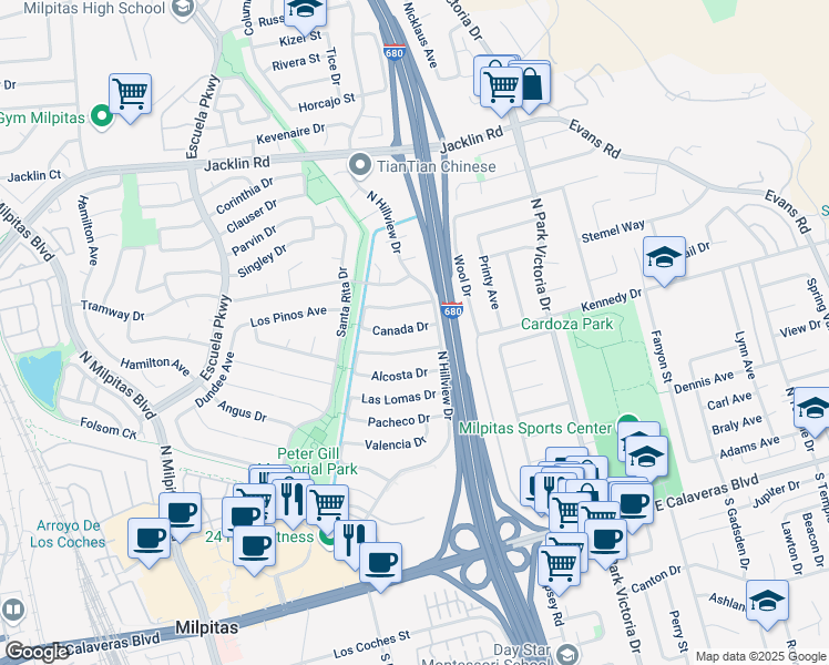 map of restaurants, bars, coffee shops, grocery stores, and more near 888 Canada Drive in Milpitas