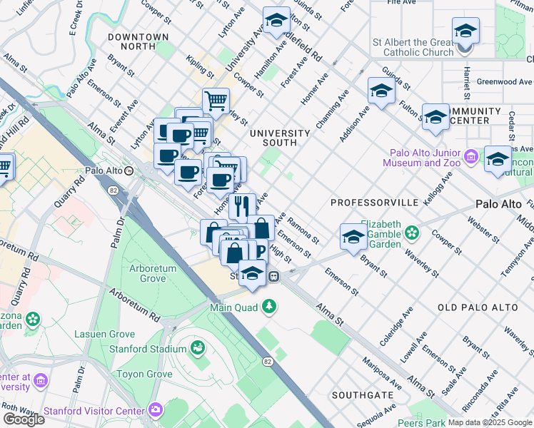 map of restaurants, bars, coffee shops, grocery stores, and more near 935 Emerson Street in Palo Alto