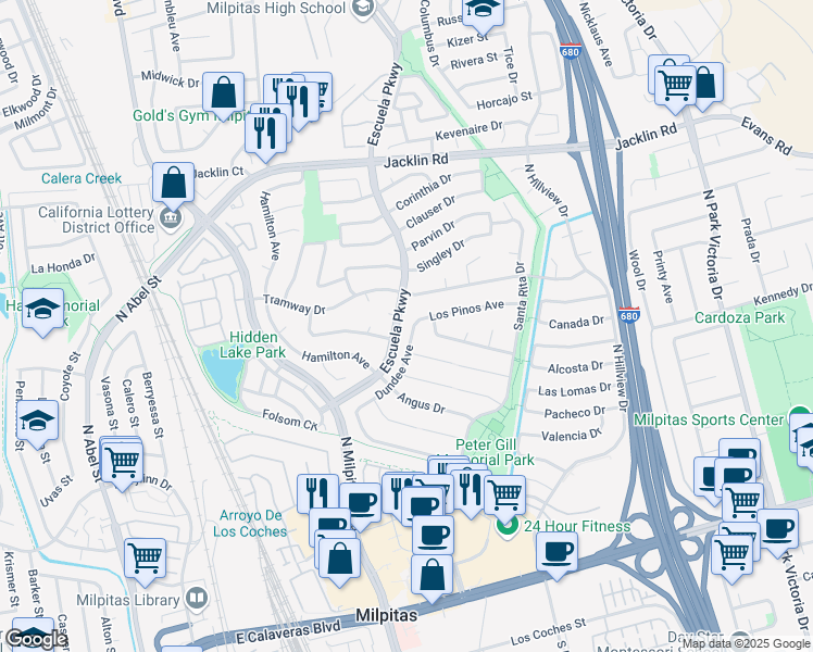 map of restaurants, bars, coffee shops, grocery stores, and more near 631 Dundee Avenue in Milpitas