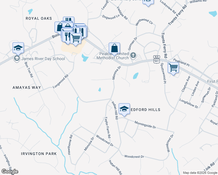 map of restaurants, bars, coffee shops, grocery stores, and more near 2015 Mimosa Drive in Lynchburg