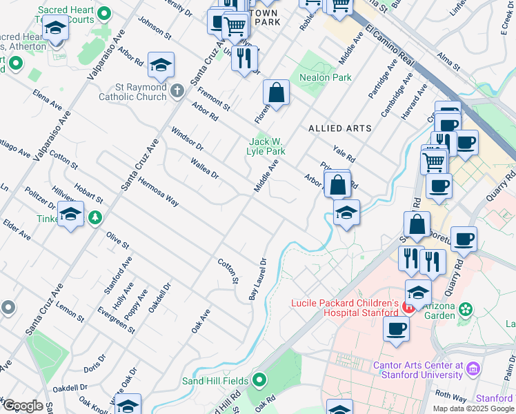 map of restaurants, bars, coffee shops, grocery stores, and more near 455 San Mateo Drive in Menlo Park