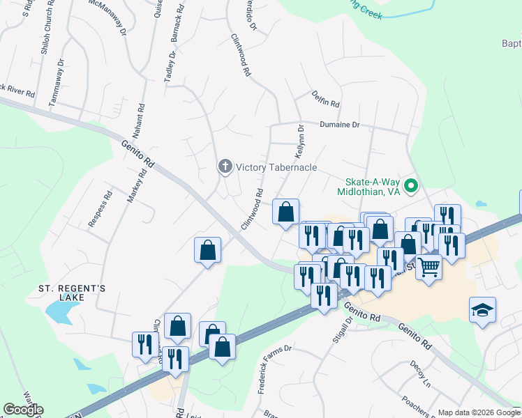 map of restaurants, bars, coffee shops, grocery stores, and more near 3401 Clintwood Road in Midlothian