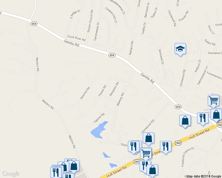map of restaurants, bars, coffee shops, grocery stores, and more near 3540 Respess Road in Midlothian