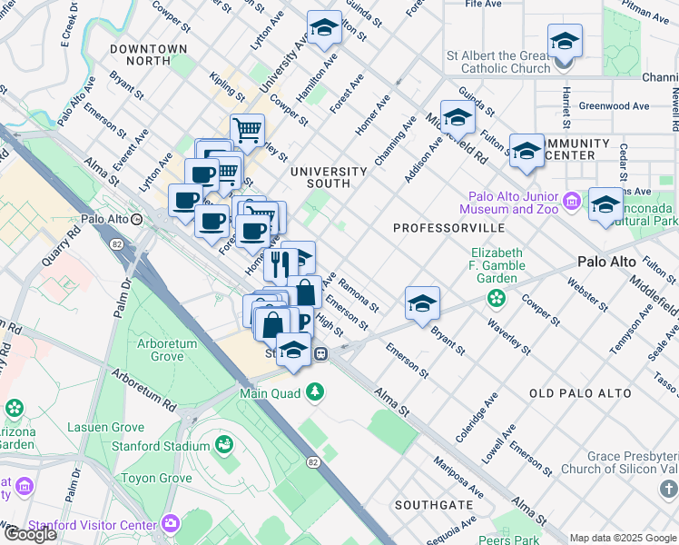 map of restaurants, bars, coffee shops, grocery stores, and more near 1001 Ramona Street in Palo Alto