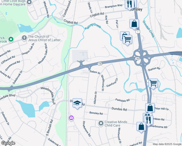 map of restaurants, bars, coffee shops, grocery stores, and more near 6117 Strathmore Road in Richmond