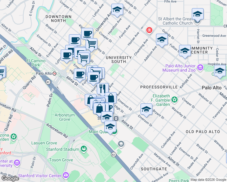 map of restaurants, bars, coffee shops, grocery stores, and more near 937 Emerson Street in Palo Alto