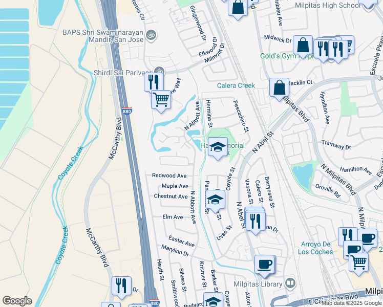 map of restaurants, bars, coffee shops, grocery stores, and more near 1009 North Abbott Avenue in Milpitas