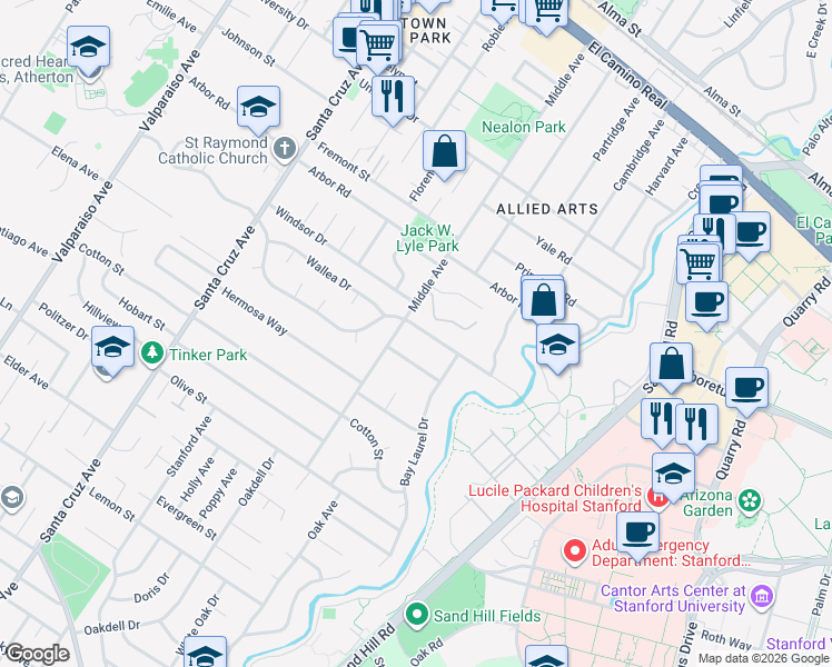 map of restaurants, bars, coffee shops, grocery stores, and more near 455 San Mateo Drive in Menlo Park