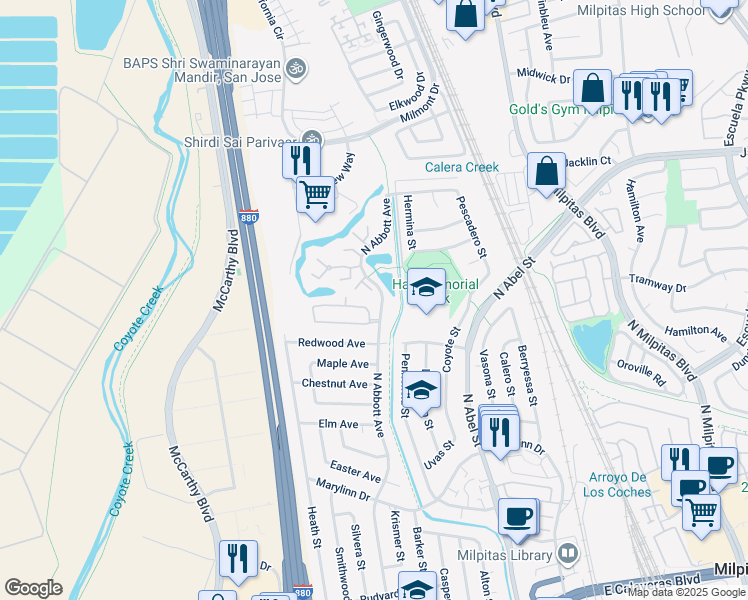 map of restaurants, bars, coffee shops, grocery stores, and more near 1009 North Abbott Avenue in Milpitas