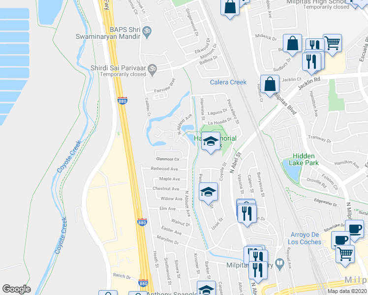 map of restaurants, bars, coffee shops, grocery stores, and more near 1009 North Abbott Avenue in Milpitas