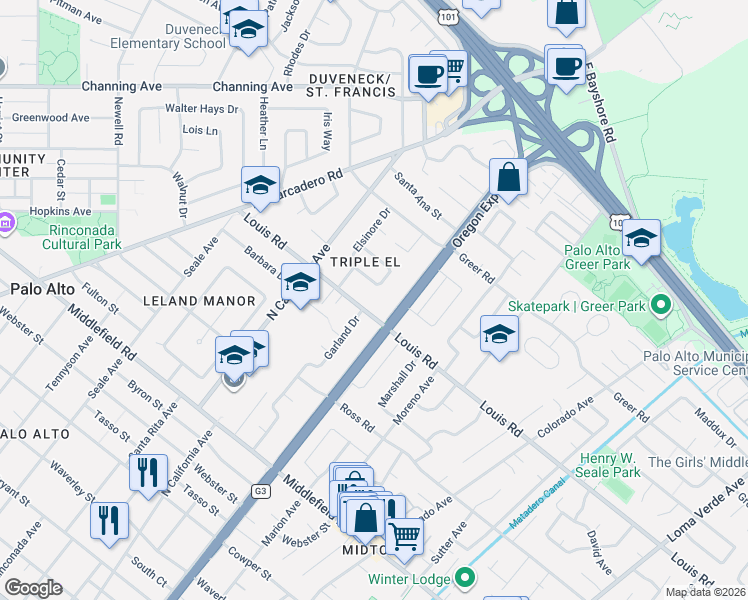 map of restaurants, bars, coffee shops, grocery stores, and more near 921 Oregon Avenue in Palo Alto