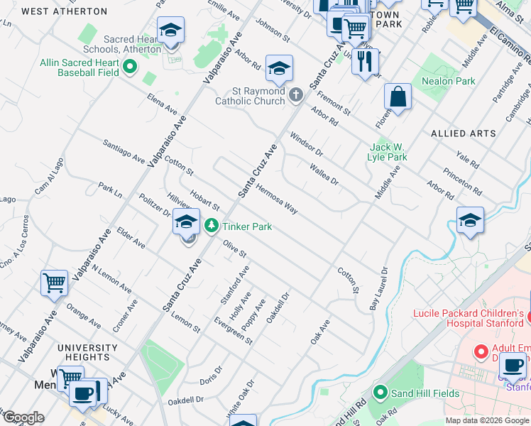 map of restaurants, bars, coffee shops, grocery stores, and more near 991 Cotton Street in Menlo Park