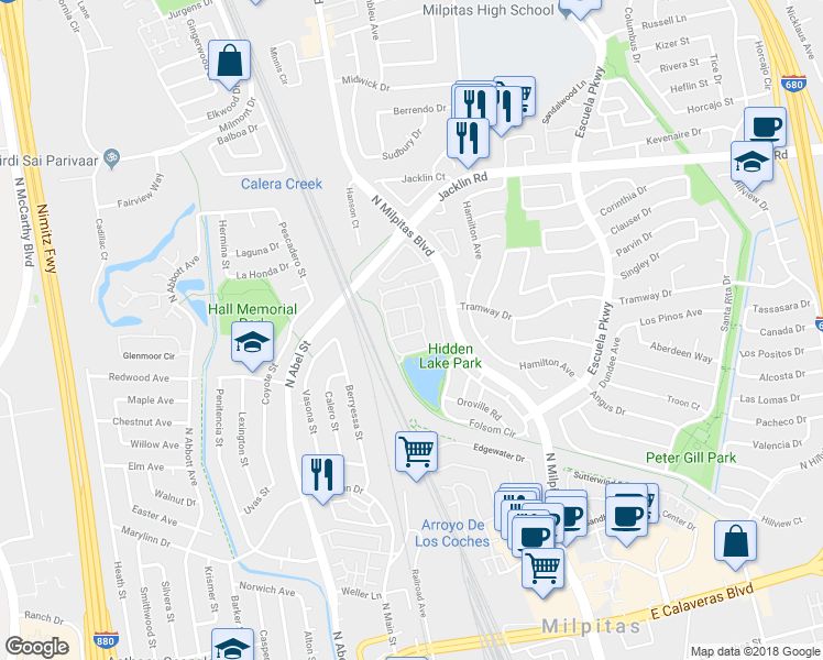 map of restaurants, bars, coffee shops, grocery stores, and more near 710 Jennifer Way in Milpitas