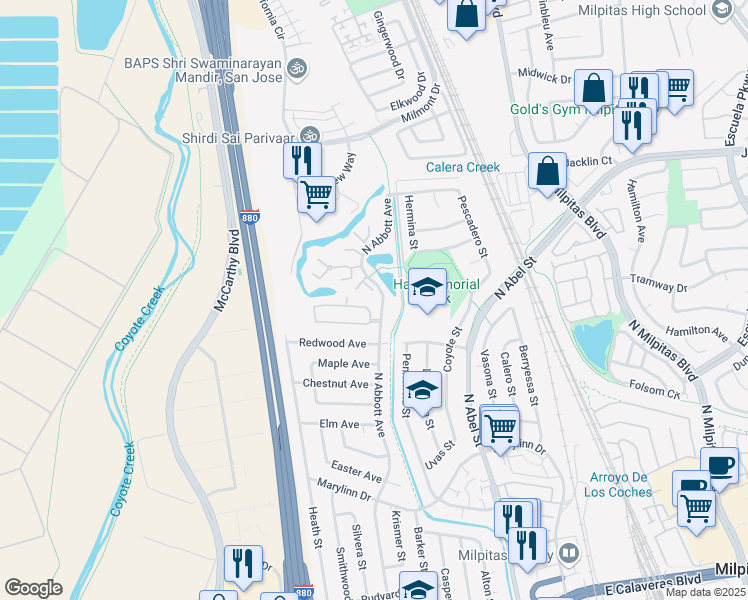 map of restaurants, bars, coffee shops, grocery stores, and more near 1009 North Abbott Avenue in Milpitas