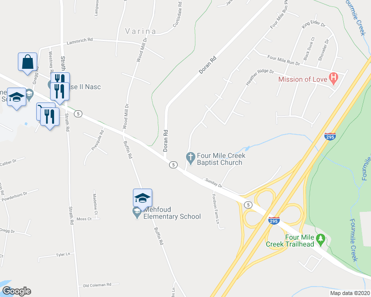 map of restaurants, bars, coffee shops, grocery stores, and more near 8128 4 Mile Run Parkway in Henrico