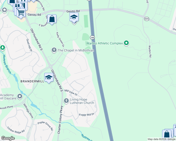 map of restaurants, bars, coffee shops, grocery stores, and more near 12700 Forest Mill Drive in Midlothian