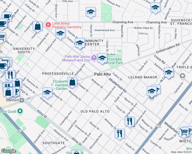 map of restaurants, bars, coffee shops, grocery stores, and more near 631 Coleridge Avenue in Palo Alto