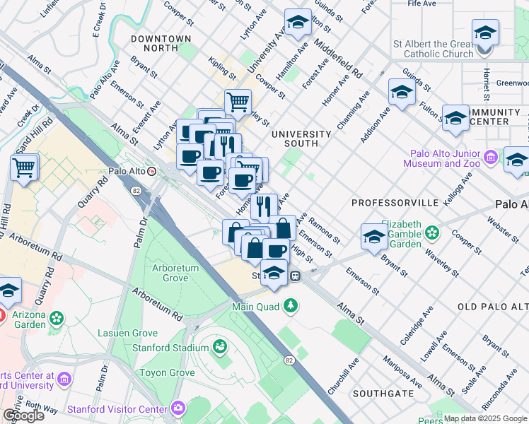 map of restaurants, bars, coffee shops, grocery stores, and more near 882 Emerson Street in Palo Alto