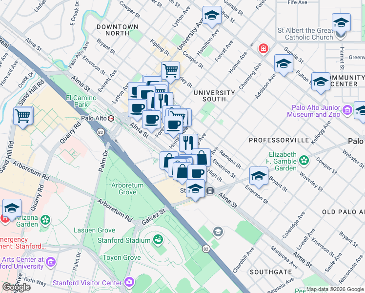 map of restaurants, bars, coffee shops, grocery stores, and more near 882 Emerson Street in Palo Alto