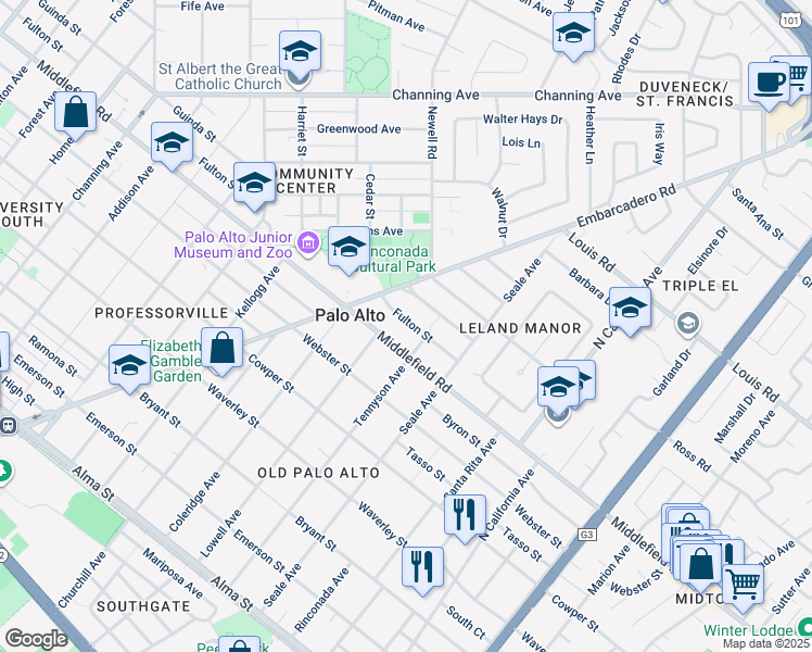 map of restaurants, bars, coffee shops, grocery stores, and more near 1758 Fulton Street in Palo Alto