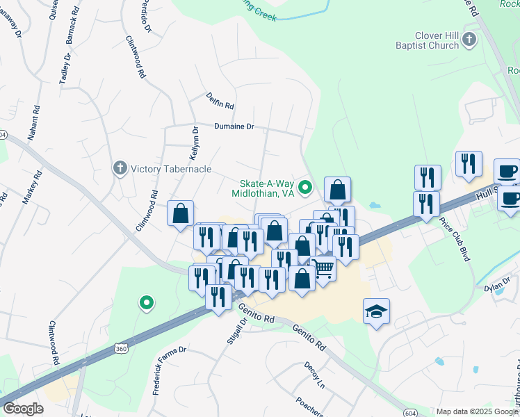 map of restaurants, bars, coffee shops, grocery stores, and more near 3319 Woodsong Drive in Midlothian
