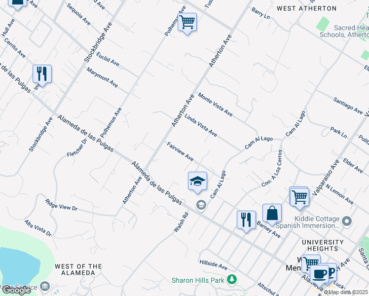 map of restaurants, bars, coffee shops, grocery stores, and more near 41 Fairview Avenue in Atherton