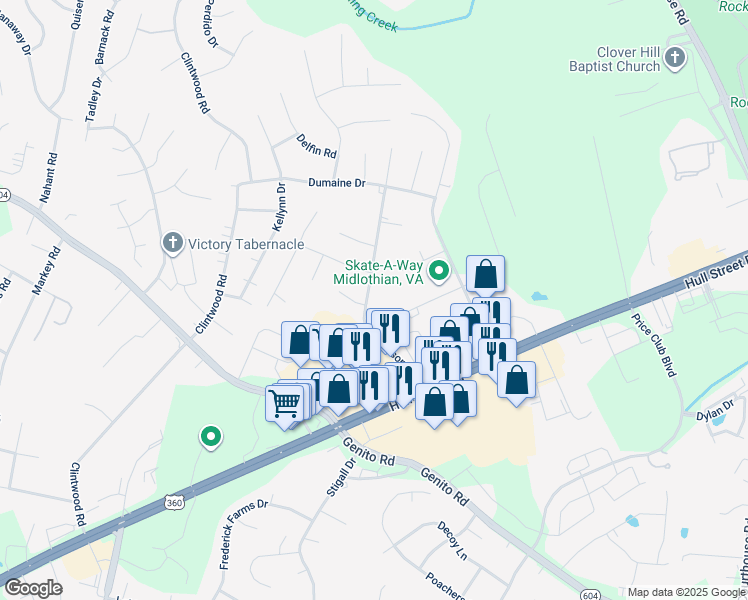 map of restaurants, bars, coffee shops, grocery stores, and more near 3319 Woodsong Drive in Midlothian
