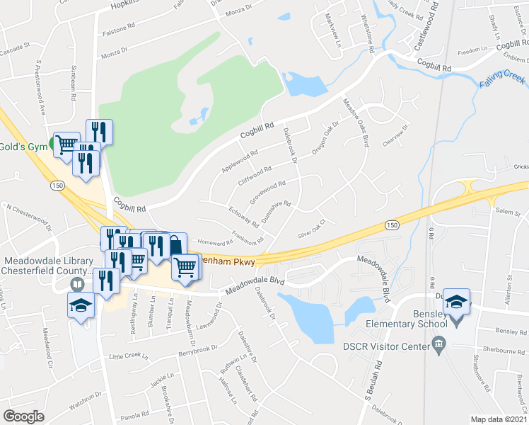map of restaurants, bars, coffee shops, grocery stores, and more near 5936 Dunnshire Road in Richmond