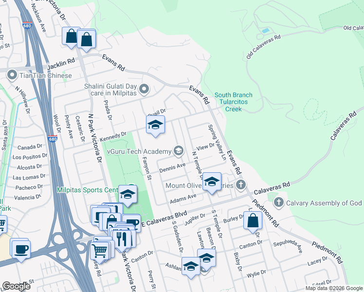 map of restaurants, bars, coffee shops, grocery stores, and more near 265 North Temple Drive in Milpitas