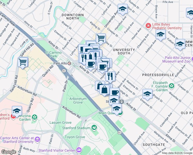map of restaurants, bars, coffee shops, grocery stores, and more near 799 Alma Street in Palo Alto