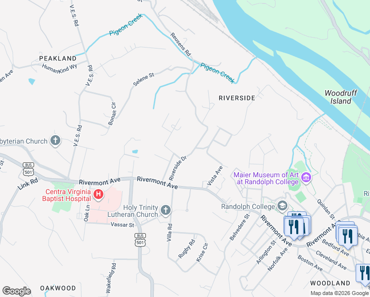 map of restaurants, bars, coffee shops, grocery stores, and more near 709 Riverside Drive in Lynchburg