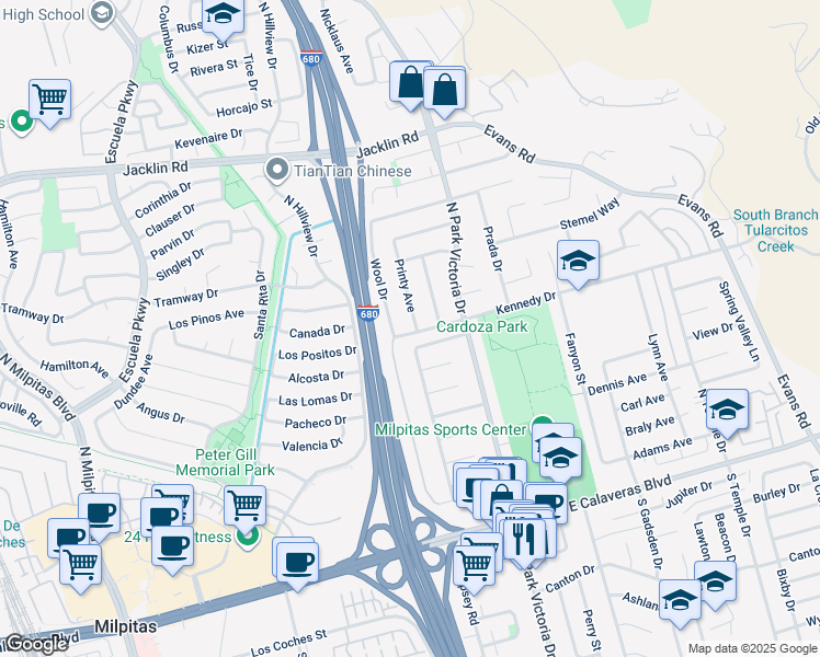 map of restaurants, bars, coffee shops, grocery stores, and more near 449 Printy Avenue in Milpitas