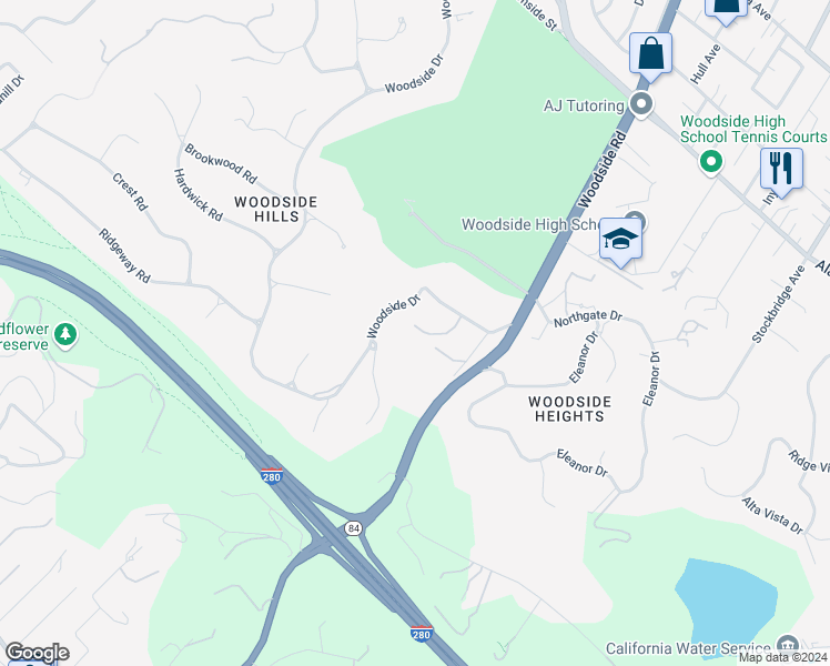 map of restaurants, bars, coffee shops, grocery stores, and more near 150 Todo El Mundo in Woodside