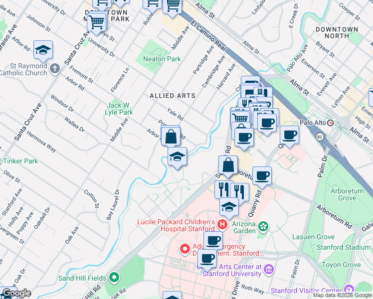 map of restaurants, bars, coffee shops, grocery stores, and more near 1080 Creek Drive in Menlo Park