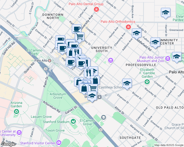 map of restaurants, bars, coffee shops, grocery stores, and more near 895 Emerson Street in Palo Alto