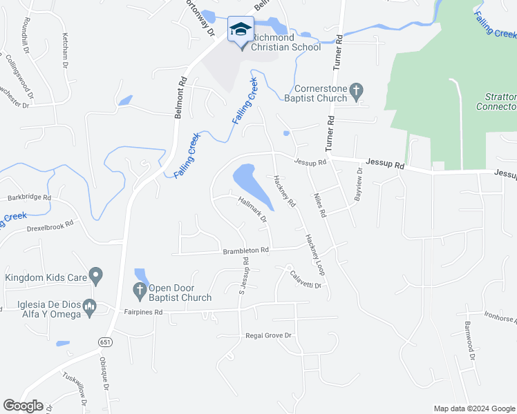 map of restaurants, bars, coffee shops, grocery stores, and more near 5219 Hallmark Drive in Richmond