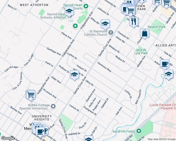 map of restaurants, bars, coffee shops, grocery stores, and more near 1485 Santa Cruz Avenue in Menlo Park