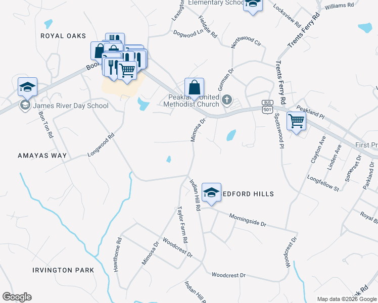 map of restaurants, bars, coffee shops, grocery stores, and more near 2015 Mimosa Dr in Lynchburg