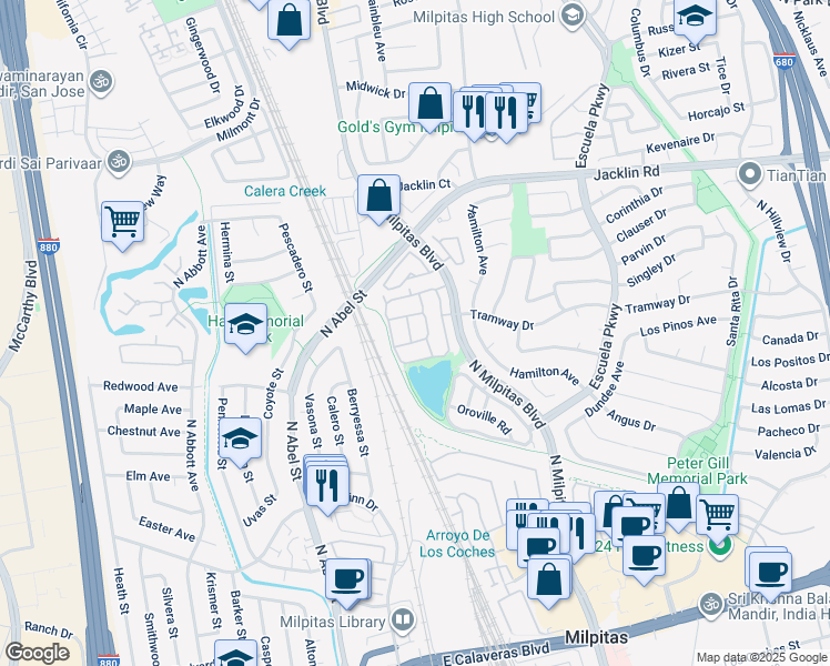 map of restaurants, bars, coffee shops, grocery stores, and more near 722 Jennifer Way in Milpitas