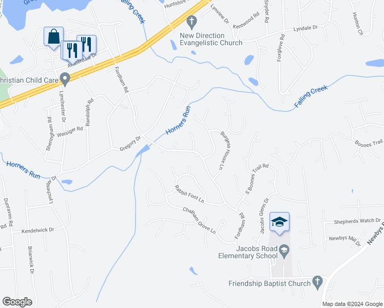 map of restaurants, bars, coffee shops, grocery stores, and more near 4332 Fordham Road in Richmond