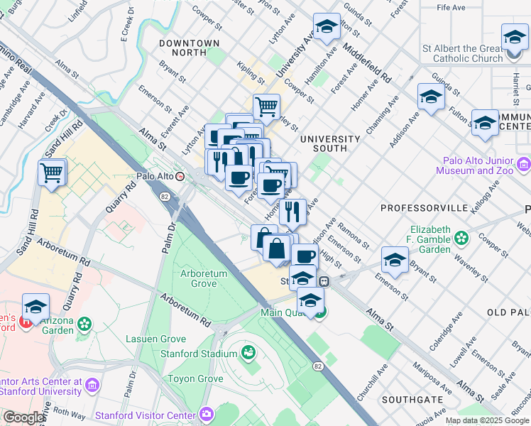 map of restaurants, bars, coffee shops, grocery stores, and more near 111 Homer Avenue in Palo Alto
