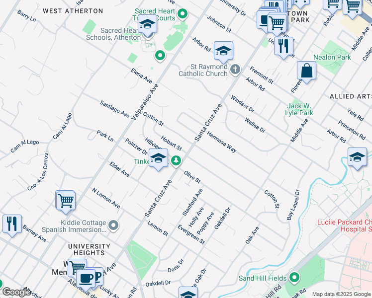 map of restaurants, bars, coffee shops, grocery stores, and more near 1100 Hobart Street in Menlo Park