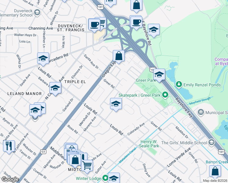 map of restaurants, bars, coffee shops, grocery stores, and more near 972 Moreno Avenue in Palo Alto