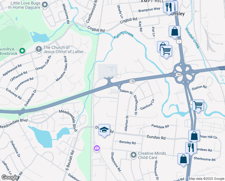 map of restaurants, bars, coffee shops, grocery stores, and more near 6110 Strathmore Road in Richmond